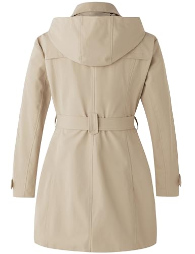 Women's Plus Size Trench Coat Double-Breasted Waterproof Lapel Overcoat Stylish Pea Coat with Detachable Hood
