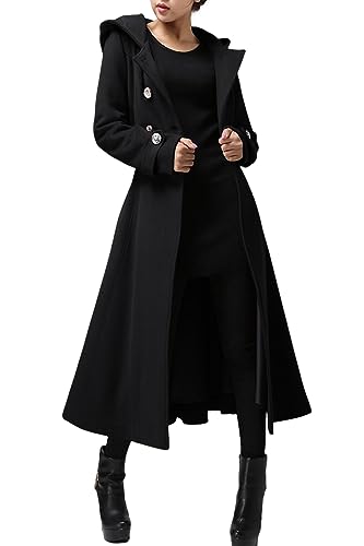 Womens Long Double-Breasted Hooded Coat Winter Warm Wool Trench Coat with Belts
