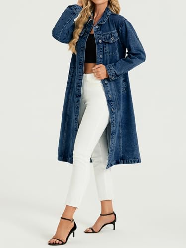 Women Denim Jacket Button Down Maxi Long Jean Trench Coat With Pocket