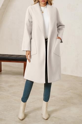 Womens Open Front Pea Coats Classic Lapel Long Trench Coats Loose Fall Winter Outwear with Pockets