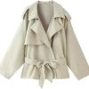 Women's Casual Chic Jacket Lapel Long Sleeve Lace Up Short Trench Coat Solid Color Lightweight Outerwear