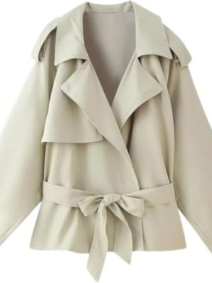 Women's Casual Chic Jacket Lapel Long Sleeve Lace Up Short Trench Coat Solid Color Lightweight Outerwear