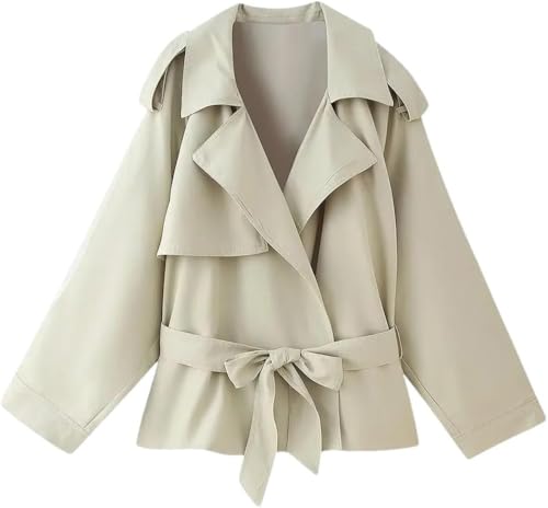 Women's Casual Chic Jacket Lapel Long Sleeve Lace Up Short Trench Coat Solid Color Lightweight Outerwear