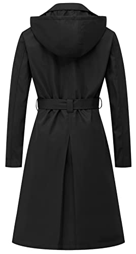 Women's Double Breasted Long Trench Coats Mid-Length Belted Overcoat Dress Jacket with Detachable Hood