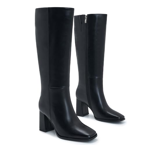 Wide Calf Knee High Boots for Women – Tall Fashion Boots with Side Zipper, Square Toe, Chunky Heel, Faux Leather Long Boots