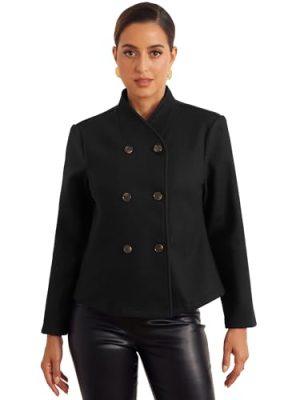 Winter Pea Coat for Women's Casual Stand Collar Short Cropped Double Breasted Jacket