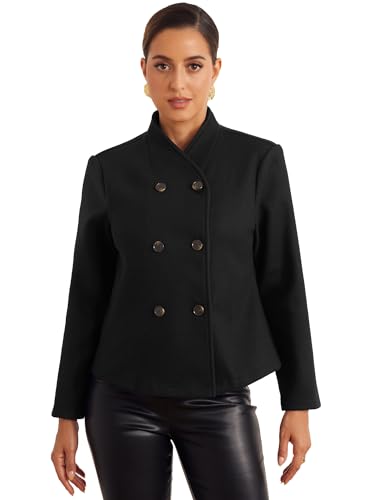 Winter Pea Coat for Women's Casual Stand Collar Short Cropped Double Breasted Jacket