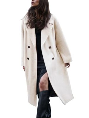 Women's Notched Collar Wool Blend Pea Coat Winter Double Breasted Trench Coat Long Oversized Button Down Overcoats