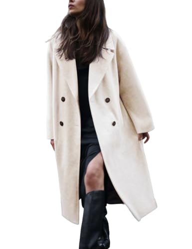 Women's Notched Collar Wool Blend Pea Coat Winter Double Breasted Trench Coat Long Oversized Button Down Overcoats