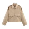 Women's Cropped Trench Coat Casual Zip Up Jacket Work Jackets with Pockets Outerwear