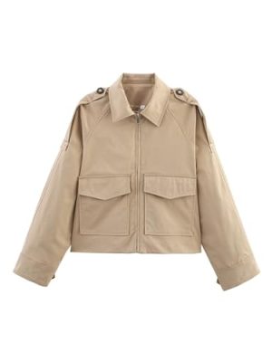 Women's Cropped Trench Coat Casual Zip Up Jacket Work Jackets with Pockets Outerwear