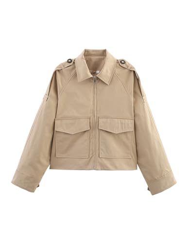 Women's Cropped Trench Coat Casual Zip Up Jacket Work Jackets with Pockets Outerwear