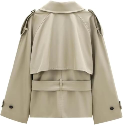 Women's Retro Short Trench Coat Button Front Lace Up Jacket Long Sleeve Lapel Casual Outerwear
