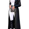 Womens Long Leather Jacket Long Sleeve Single Breasted Faux Leather Trench Coat Mid Length Motorcycle Coats