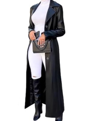 Womens Long Leather Jacket Long Sleeve Single Breasted Faux Leather Trench Coat Mid Length Motorcycle Coats