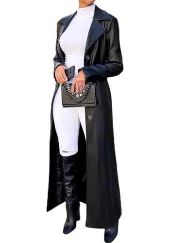 Womens Long Leather Jacket Long Sleeve Single Breasted Faux Leather Trench Coat Mid Length Motorcycle Coats
