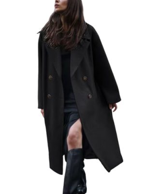 Women's Notched Collar Wool Blend Pea Coat Winter Double Breasted Trench Coat Long Oversized Button Down Overcoats