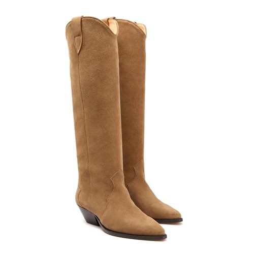 Suede Knee High Boots for Women Pointed Toe Cowboy Boots Chunky Low Heels Tall Long Boots Dressy Pull on Wide Calf Fashion