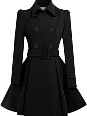 Women Swing Double Breasted Wool Pea Coat with Belt Buckle Spring Mid-Long Long Sleeve Lapel Dresses Outwear
