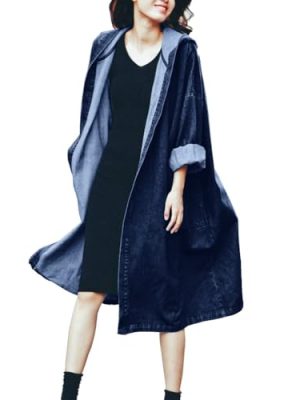 Women's Casual Hooded Denim Jacket Open Front Loose Fit Boyfriend Jean Long Trench Coat with Hood