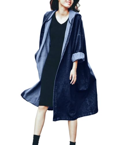 Women's Casual Hooded Denim Jacket Open Front Loose Fit Boyfriend Jean Long Trench Coat with Hood
