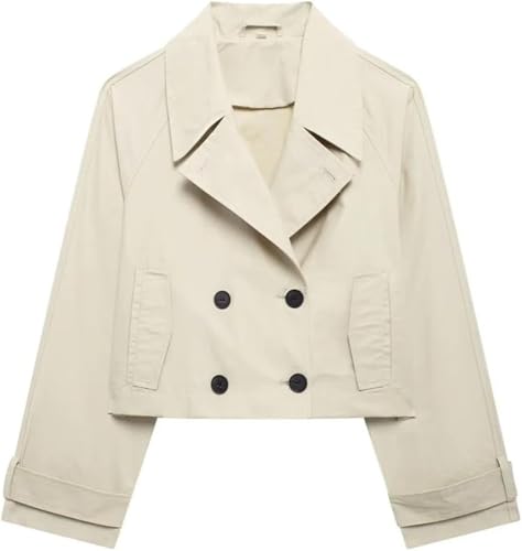 Women's Double-Breasted Short Trench Coat Solid Color Lapel Long Sleeve Jacket Lightweight Trendy Outerwear