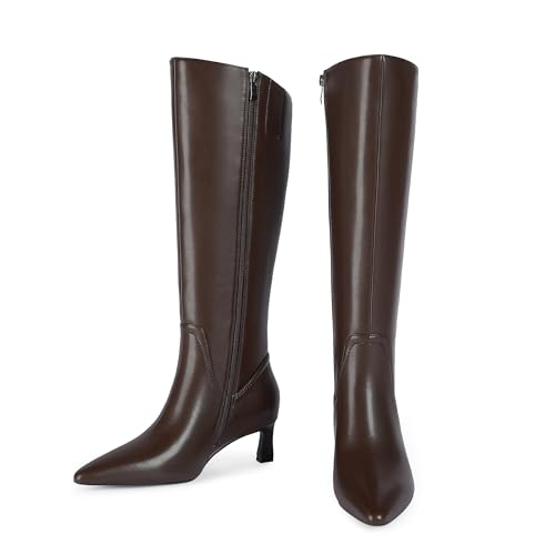 Knee High Boots Womens Pointed Toe 2.17-Inch Kitten Heel Side Zipper Fall Long Tall Boots for Women