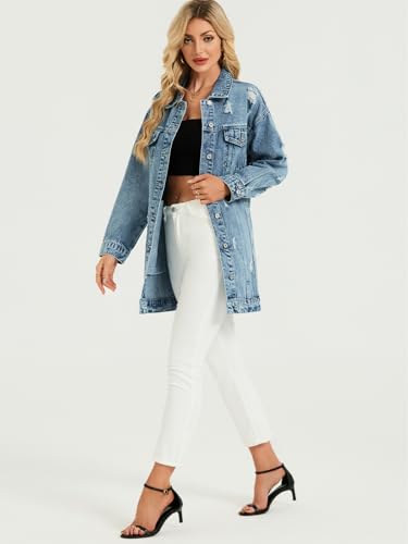 Long Denim Jacket Women Oversized Distressed Midi Jean Jackets Fall Loose Trench Coat Trendy