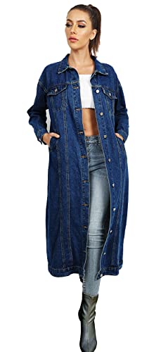 Womens Classic Jean Jacket Plus Size Loose Long Sleeve Button Down Denim Trench Coat