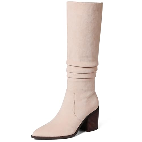 Knee High Boots Women Suede Boots Pointy Toe Chunky Block Heels Side Zipper Wide Calf Boots Fashion Dress Tall Boots Fall Winter