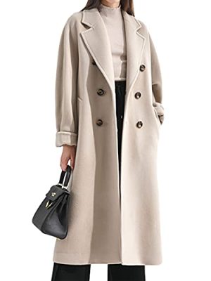 Women Wool Blend Pea Coat Camel Notched Collar Double Breasted Outerwear Jacket