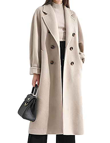 Women Wool Blend Pea Coat Camel Notched Collar Double Breasted Outerwear Jacket