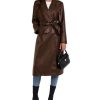 Women's Faux Leather Trench Coat Notched Lapel PU Leather Long Coat Open Front Motorcycle Belted Maxi Jacket
