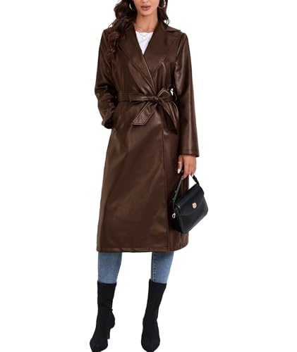 Women's Faux Leather Trench Coat Notched Lapel PU Leather Long Coat Open Front Motorcycle Belted Maxi Jacket