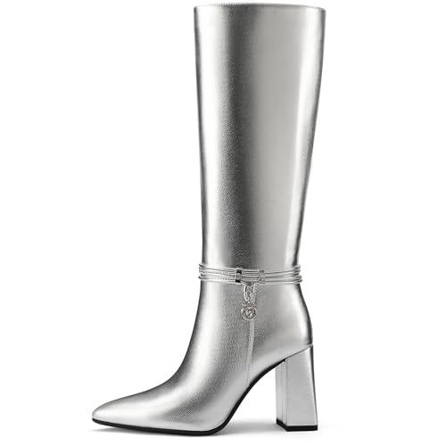 Knee High Boots for Women Chunky Block Heel Tall Boots Pointed Toe Side Zipper Fashion Dress Long Boots