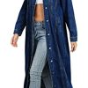Womens Classic Jean Jacket Plus Size Loose Long Sleeve Button Down Denim Trench Coat