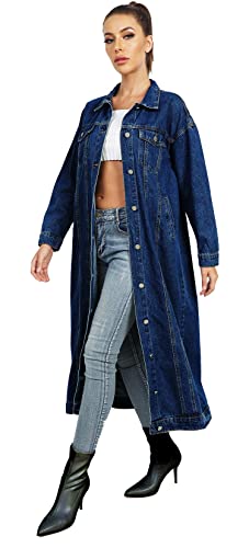 Womens Classic Jean Jacket Plus Size Loose Long Sleeve Button Down Denim Trench Coat