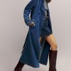 Women's Denim Trench Coat Double Breasted Jean Midi Overcoat Classic Lapel Long Jackets With Belt