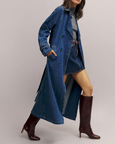 Women's Denim Trench Coat Double Breasted Jean Midi Overcoat Classic Lapel Long Jackets With Belt