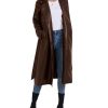 Women's Faux Leather Trench Coat Notched Lapel PU Leather Long Coat Open Front Motorcycle Belted Maxi Jacket