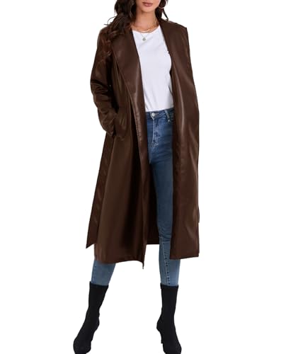 Women's Faux Leather Trench Coat Notched Lapel PU Leather Long Coat Open Front Motorcycle Belted Maxi Jacket
