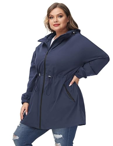 Women's Plus Size Long Hooded Raincoat Lightweight Waterproof Windbreaker Jacket