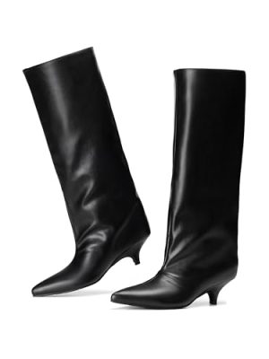 Knee High Boots for Women Wide Calf Pointed Toe Fold Over Black Boots Kitten Heel Comfortable for Dress & Daily Wear