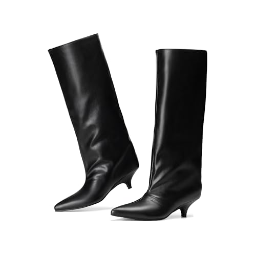Knee High Boots for Women Wide Calf Pointed Toe Fold Over Black Boots Kitten Heel Comfortable for Dress & Daily Wear