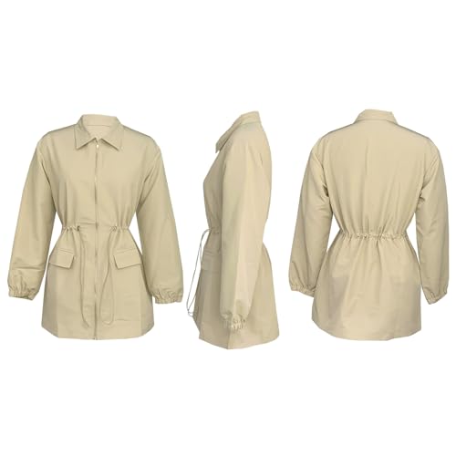 Women Long Sleeve Fall Casual Mini Dresses V Neck Zipper Cargo Safari Short Dress Drawstring Waist Dresses