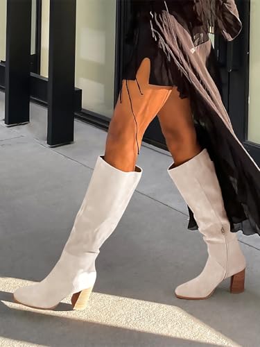 Womens Knee High Boots Square Toe Chunky Block Heel Side Zipper Faux Suede Long Boots Fall Winter Shoes