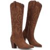 Suede Cowboy Boots for Women - Western Knee High Cowgirl Boots with Side Zipper, Retro Pointed Toe Tall Block Heel Pull On Long
