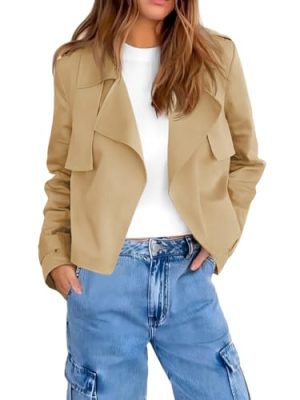 Womens Cropped Trench Coat Casual Long Sleeve Notched Lapel Blazer Jacket
