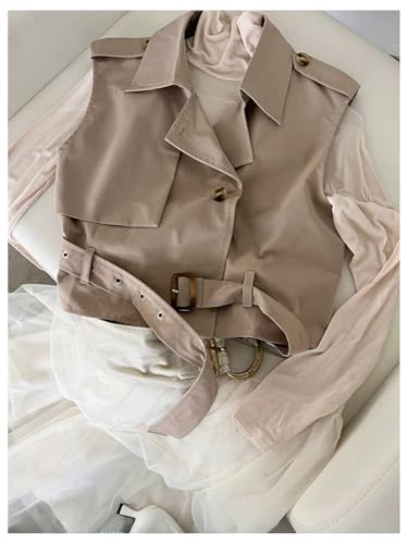 Women's Sleeveless Cropped Trench Coat with Belted Lapel Collar Vest Coat