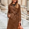Womens Long Trench Coat Fall Winter Double Breasted Classic Lapel Slim Work Office Suede Overcoat with Belt